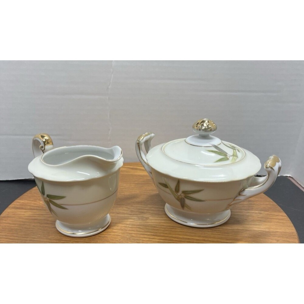 Vtg Kutani Japan Bamboo Tree Pattern Fine Bone China Lidded Sugar Bowl & Creamer